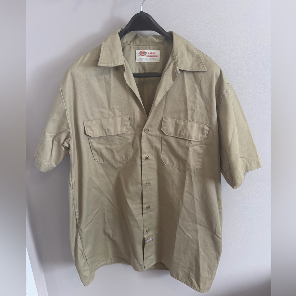 Dickies Vintage Short Sleeve Work Shirt Khaki Tan Made in USA Size Large EUC
